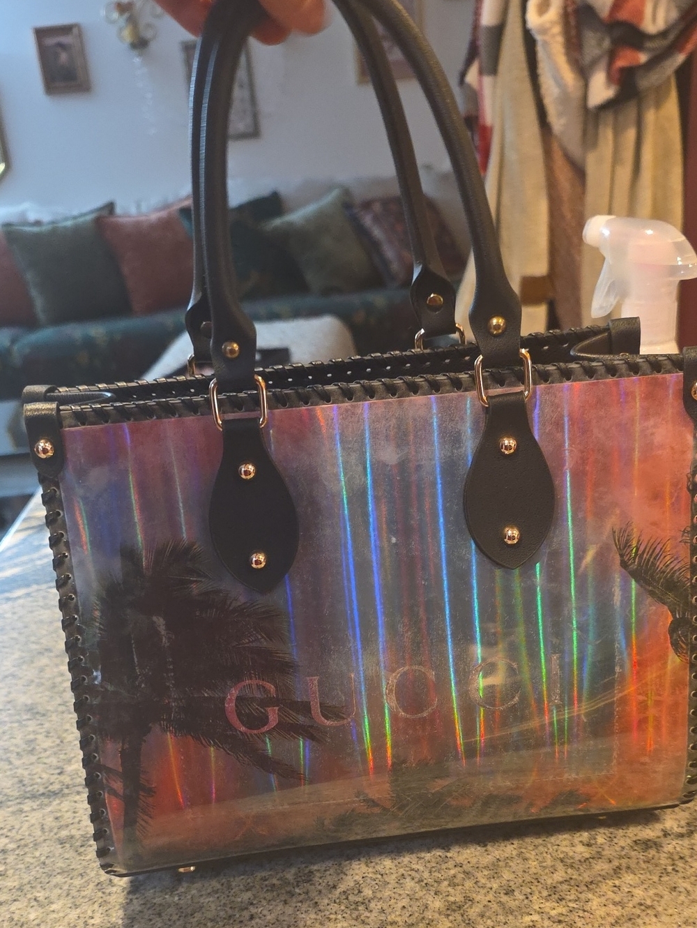 Holographic Palm-Print Tote Bag with Black Handles